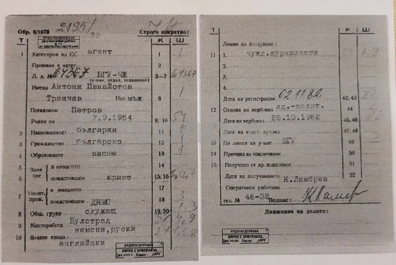 Документи от архива на Комдос, свързани с бащата на Антони Тренчев 